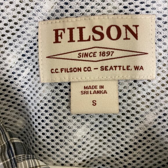 Filson Fishing Shirt Mens Small Navy Blue White Tan Plaid Lightweight Vented - Picture 3 of 10